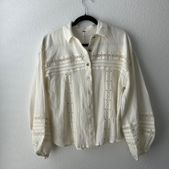 Free People Summer Stars Button Down Shirt Ivory M - Picture 4 of 6